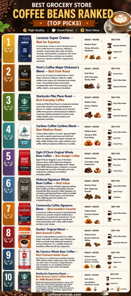 1. Lavazza Super Crema — Best for Espresso
Lavazza Super Crema is one of the best grocery store coffee beans for espresso, offering a smooth, creamy body with notes of honey, almonds, and hazelnuts. It produces rich crema and balanced flavor, making it an excellent choice for espresso machines, cappuccinos, and lattes.
2. Peet's Coffee Major Dickason's Blend — Best Dark Roast
Known for its bold, full-bodied flavor, Peet's Major Dickason's Blend is ideal for coffee drinkers who enjoy rich chocolate and smoky notes. This premium dark roast works exceptionally well in French presses, drip coffee makers, and espresso machines.
3. Starbucks Pike Place Roast — Best Everyday Coffee
Starbucks Pike Place Roast is a balanced medium roast with smooth cocoa and toasted nut flavors. It's widely considered one of the best coffee from grocery stores because it delivers consistent quality and performs well in drip coffee makers, pour-over brewers, and automatic machines.
4. Caribou Coffee Caribou Blend — Best Medium Roast
Caribou Blend offers a smooth, approachable cup with caramel sweetness and mild fruit notes. Its balanced flavor makes it perfect for daily coffee drinkers who enjoy medium-roast coffee without excessive bitterness or acidity.
5. Eight O'Clock Original Whole Bean Coffee — Best Budget Coffee
Eight O'Clock Original is one of the best grocery store coffee beans for shoppers seeking quality at an affordable price. Made from 100% Arabica beans, it delivers a smooth, well-balanced cup with chocolate and nutty undertones, making it an excellent everyday option.
6. Kirkland Signature Whole Bean Coffee — Best Value
Available at Costco, Kirkland Signature Whole Bean Coffee provides outstanding value for households that consume coffee regularly. Its rich body and balanced flavor make it suitable for drip coffee, French press, and cold brew while offering premium quality at a competitive price.
7. Community Coffee Signature Blend — Best Southern Favorite
Community Coffee has earned a loyal following thanks to its smooth, medium-bodied flavor with notes of caramel and roasted nuts. It's an excellent choice for everyday brewing and works particularly well in drip coffee makers and pour-over setups.
8. Dunkin' Original Blend — Best Smooth Coffee
Dunkin' Original Blend is perfect for coffee lovers who prefer a mellow, easy-drinking cup. With its smooth body, balanced sweetness, and low bitterness, it's a reliable choice for breakfast coffee and all-day enjoyment.
9. Illy Classico Whole Bean Coffee — Best Premium Italian Roast
Illy Classico is crafted from carefully selected 100% Arabica beans, delivering a silky-smooth cup with notes of caramel, orange blossom, and chocolate. It's an excellent option for espresso lovers who want café-quality coffee at home.
10. Starbucks Espresso Roast — Best Grocery Store Coffee Beans for Milk-Based Drinks
Starbucks Espresso Roast features a bold, rich flavor with caramelized sweetness and smoky undertones. It pairs exceptionally well with steamed milk, making it one of the best grocery store coffee beans for espresso, cappuccinos, lattes, and flat whites.