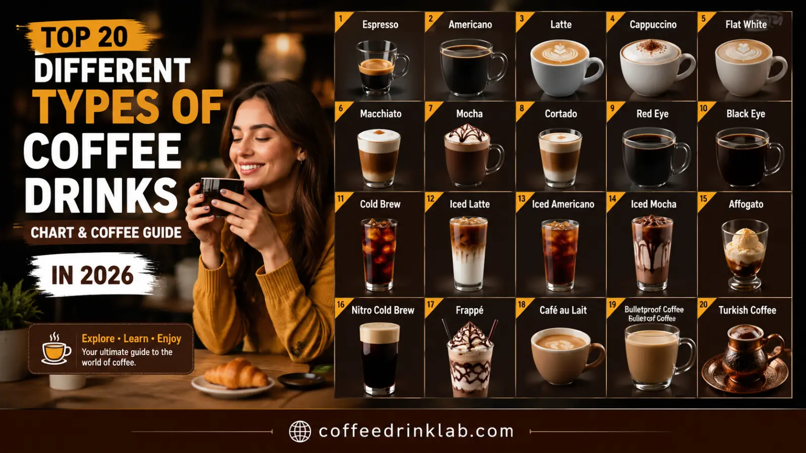 Top 20 Different Types of Coffee Drinks Chart & Coffee Guide in 2026