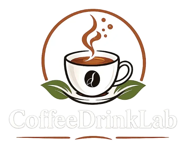 CoffeeDrinkLab logo featuring a steaming coffee cup and coffee leaves.